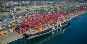 truck The port of Long Beach in april handled more shipments of export cargo and import cargo in international trade. global trade